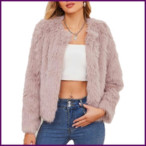 Faux Fur Cropped Jacket Women's Winter Warm Fleece Long Sleeve